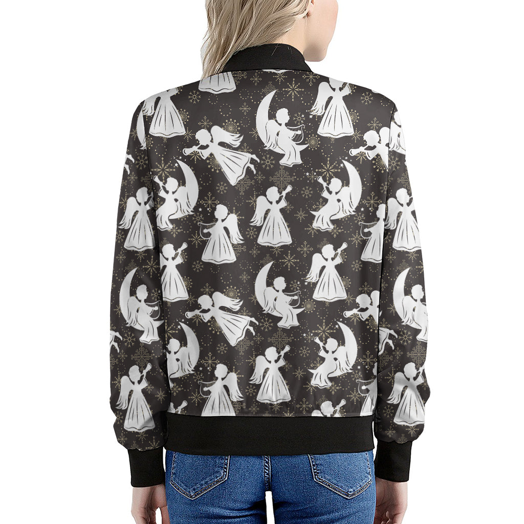 Angel And Snowflake Pattern Print Women's Bomber Jacket