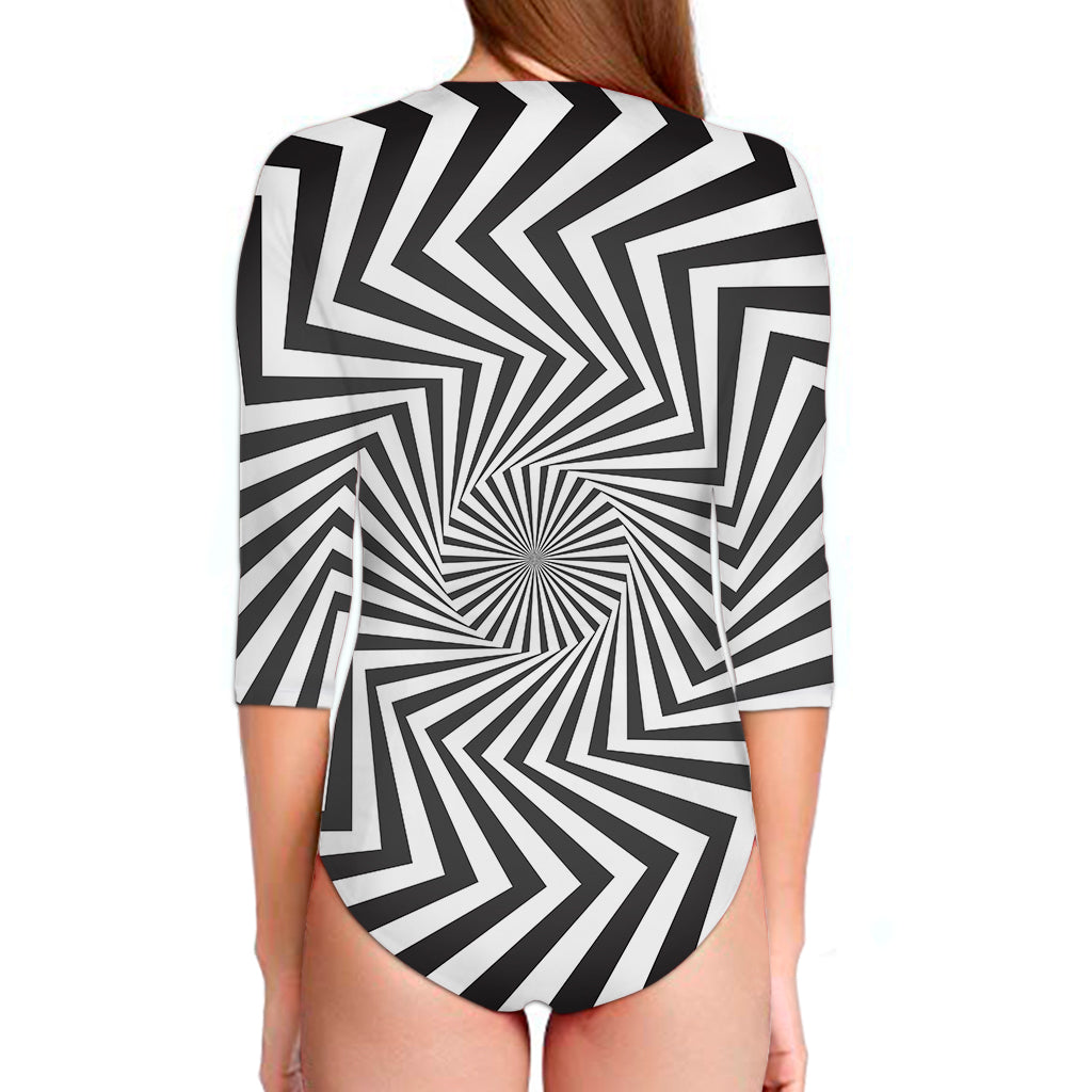 Angular Swirl Motion Illusion Print Long Sleeve Swimsuit