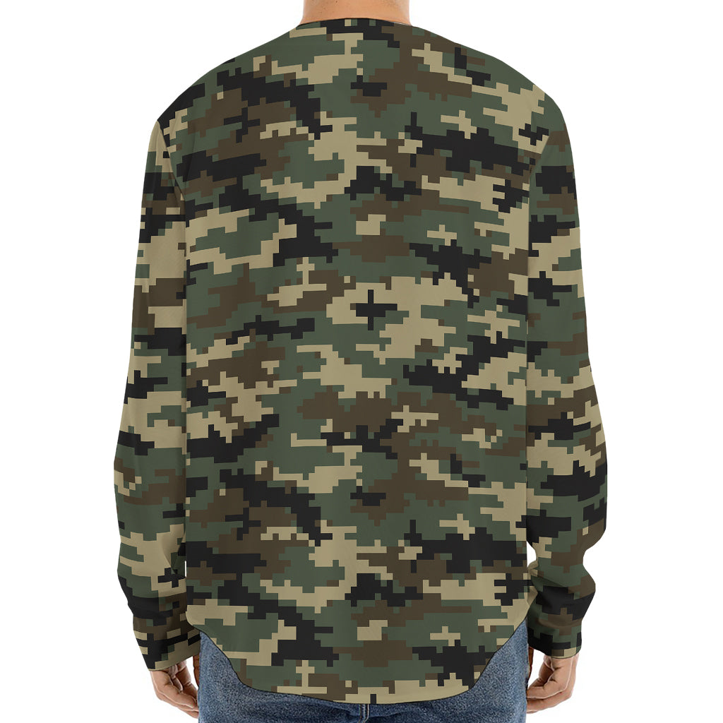Army Green Digital Camo Pattern Print Long Sleeve Baseball Jersey