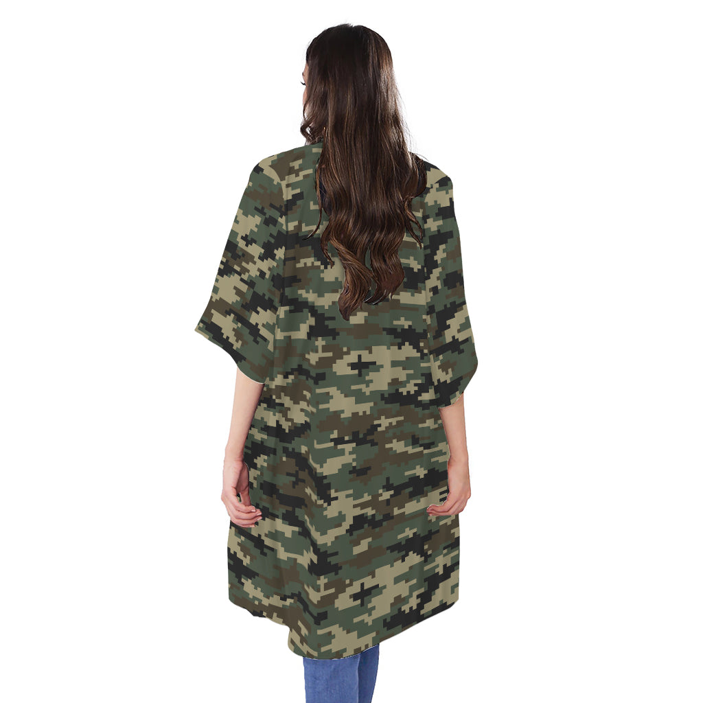 Army Green Digital Camo Pattern Print Open Front Beach Cover Up