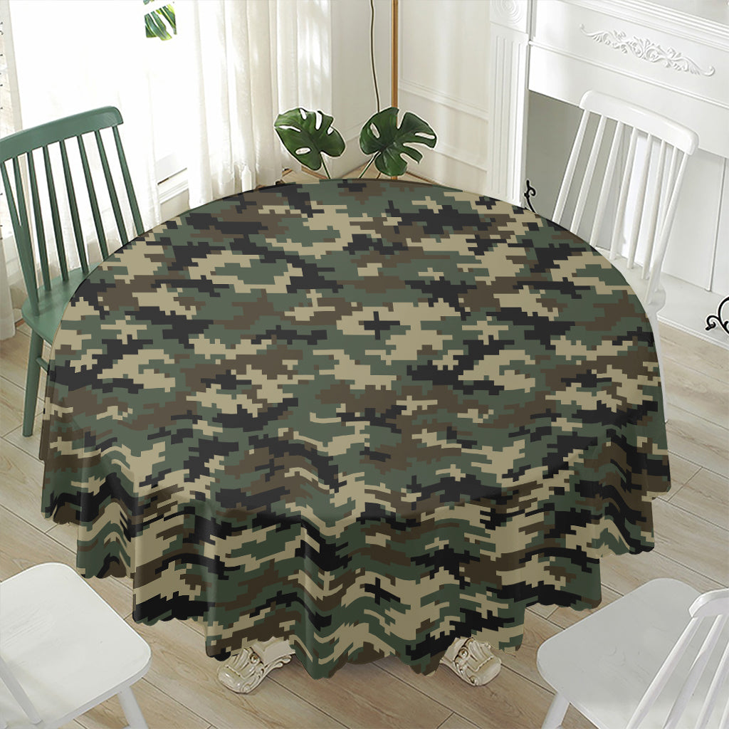 Army Green Digital Camo Pattern Print Waterproof Round Tablecloth