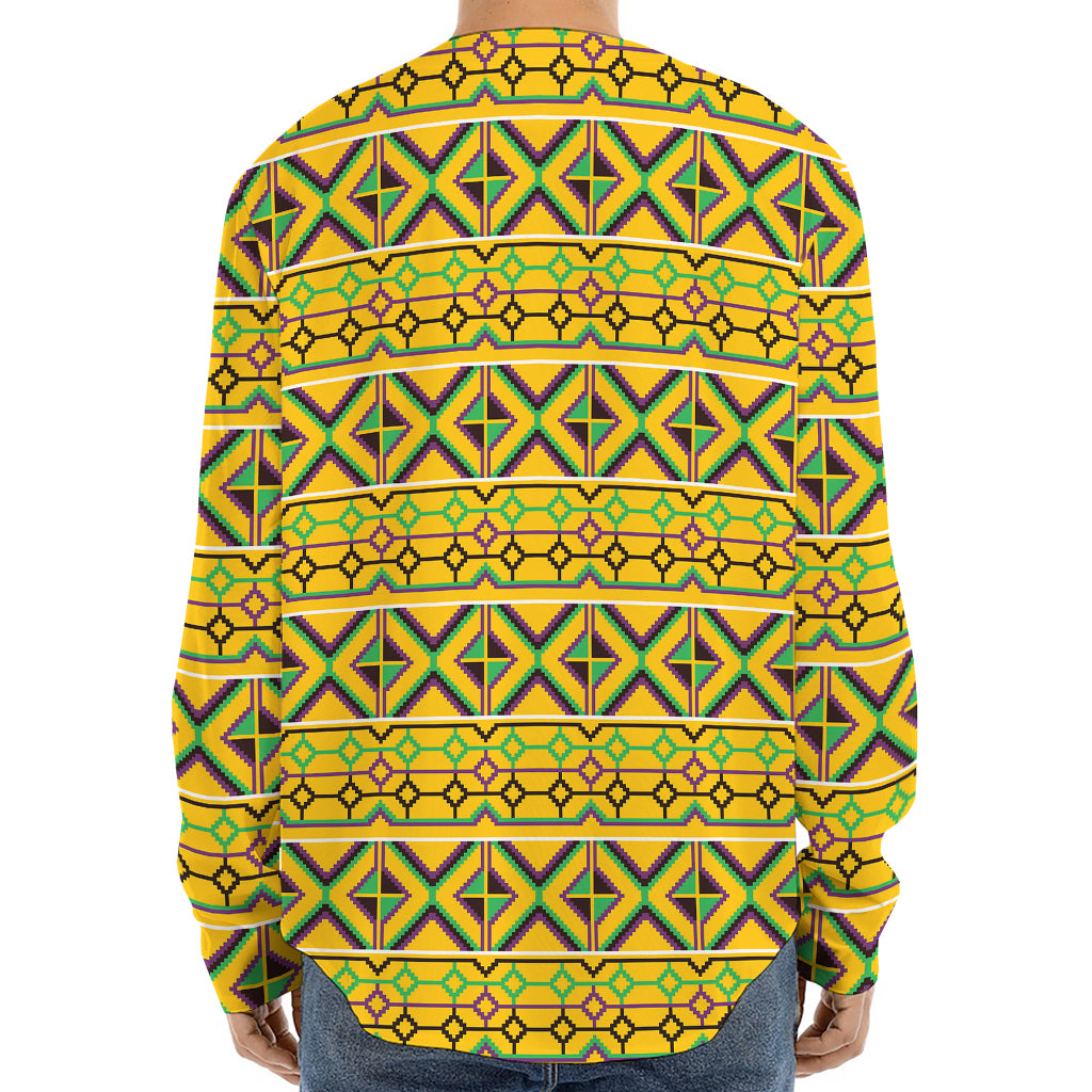 Asante Kente Pattern Print Long Sleeve Baseball Jersey