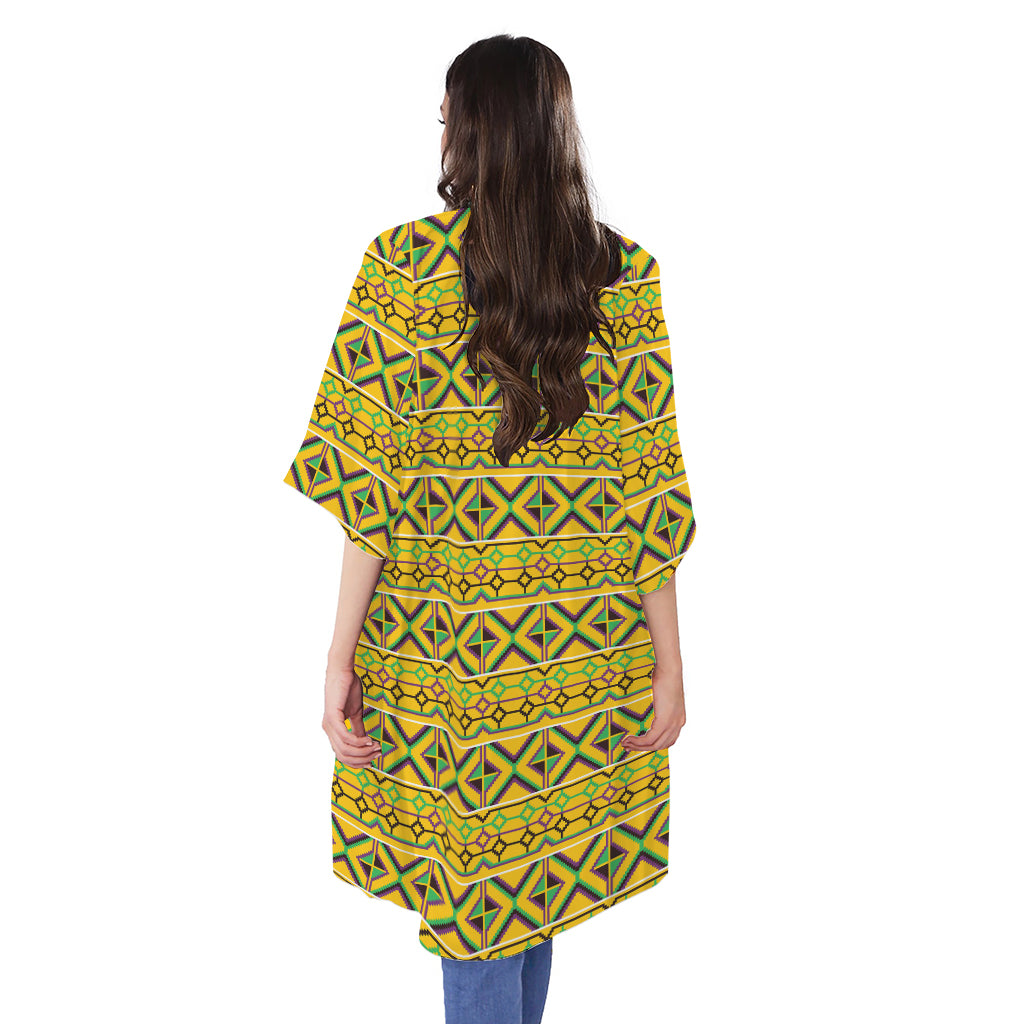 Asante Kente Pattern Print Open Front Beach Cover Up