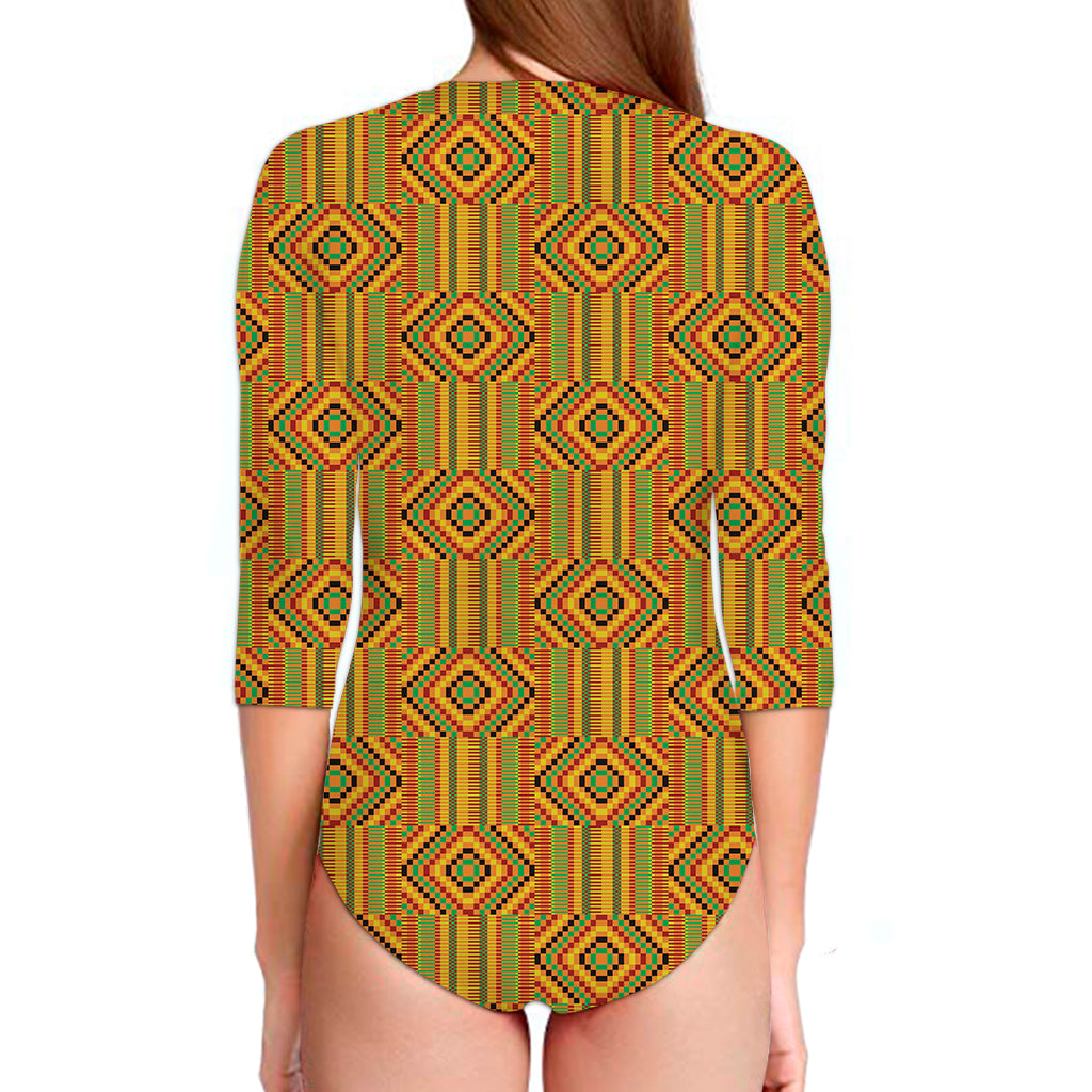 Ashanti Kente Pattern Print Long Sleeve Swimsuit