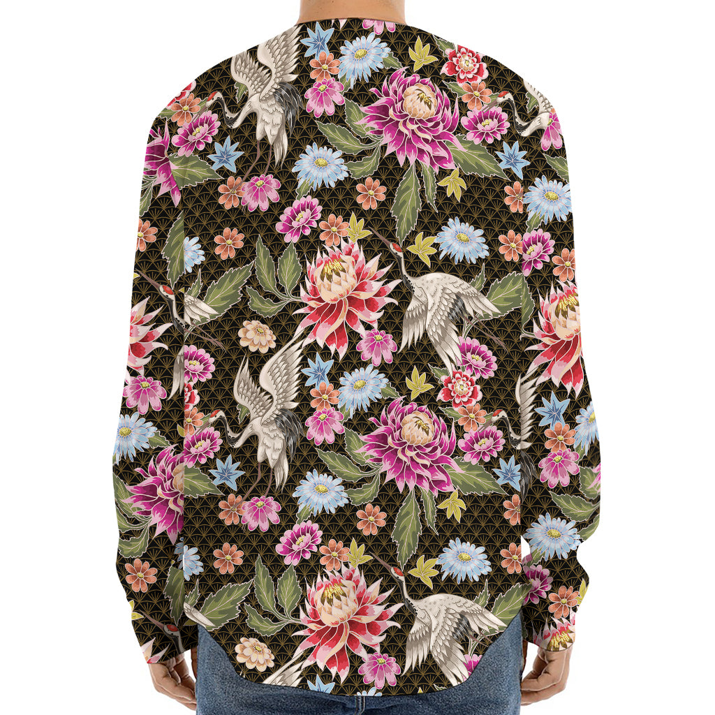 Asian Crane Bird Pattern Print Long Sleeve Baseball Jersey
