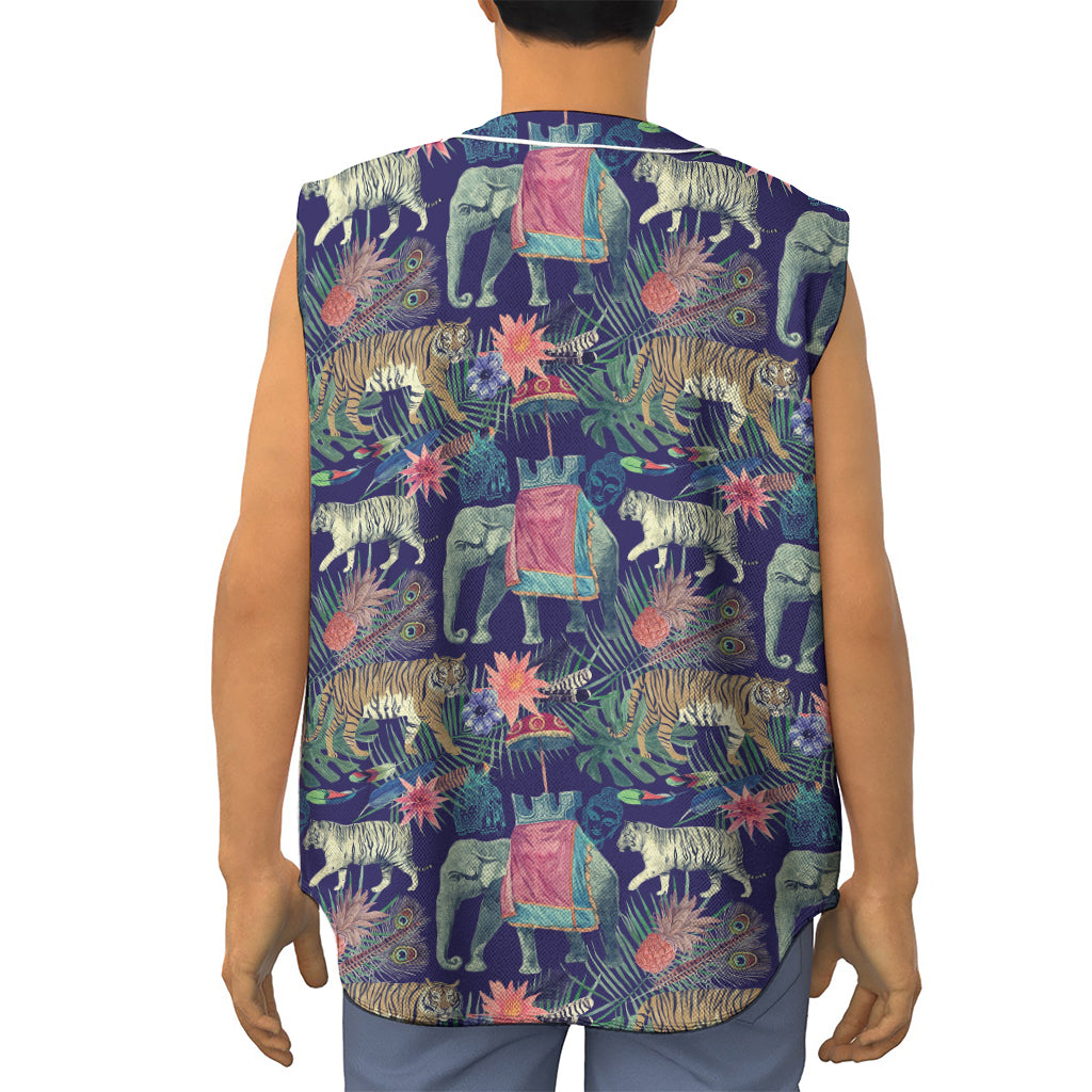 Asian Elephant And Tiger Print Sleeveless Baseball Jersey
