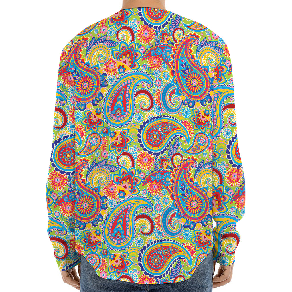 Asian Paisley Pattern Print Long Sleeve Baseball Jersey