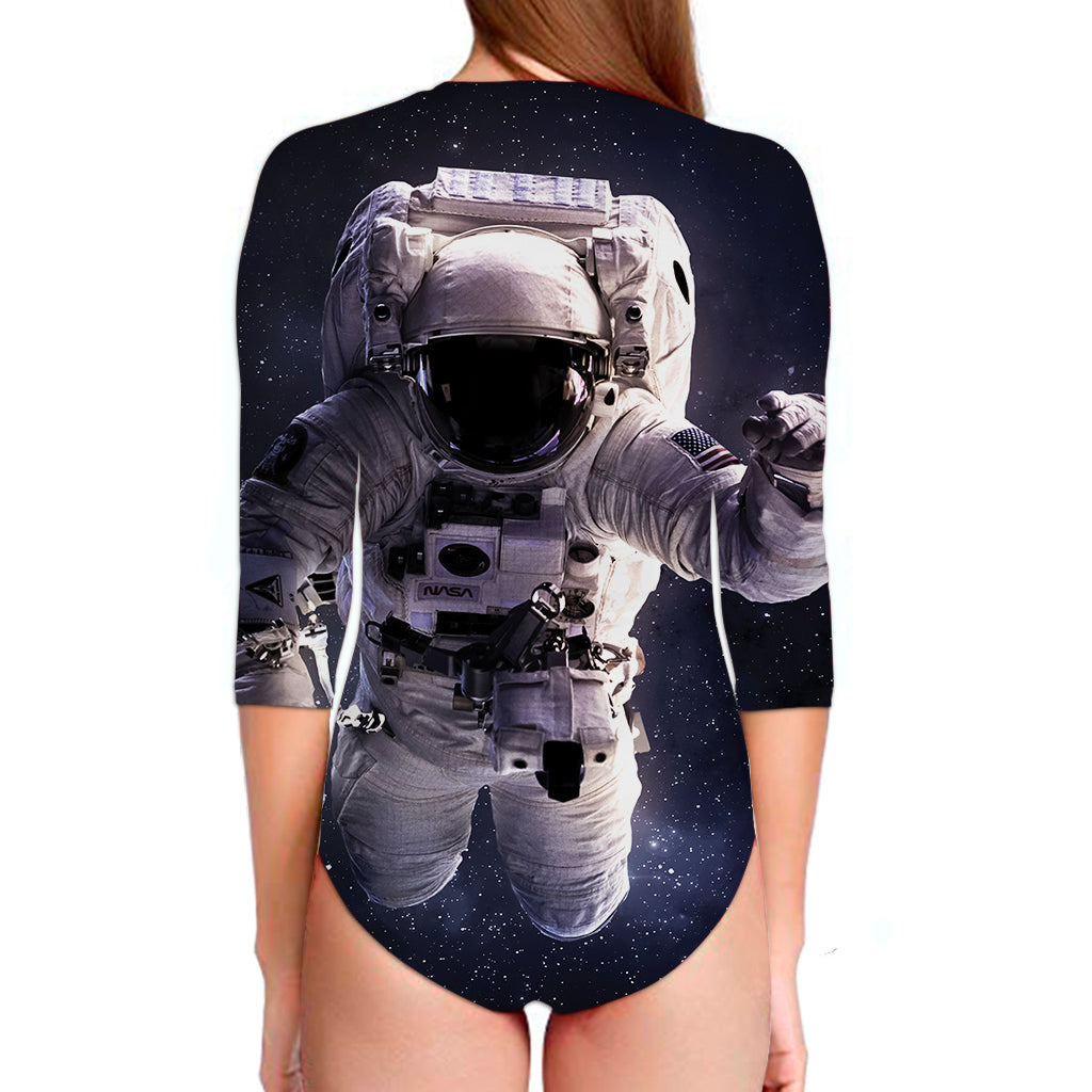 Astronaut Floating In Outer Space Print Long Sleeve Swimsuit
