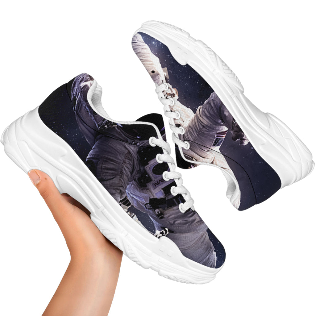 Astronaut Floating In Outer Space Print White Chunky Shoes