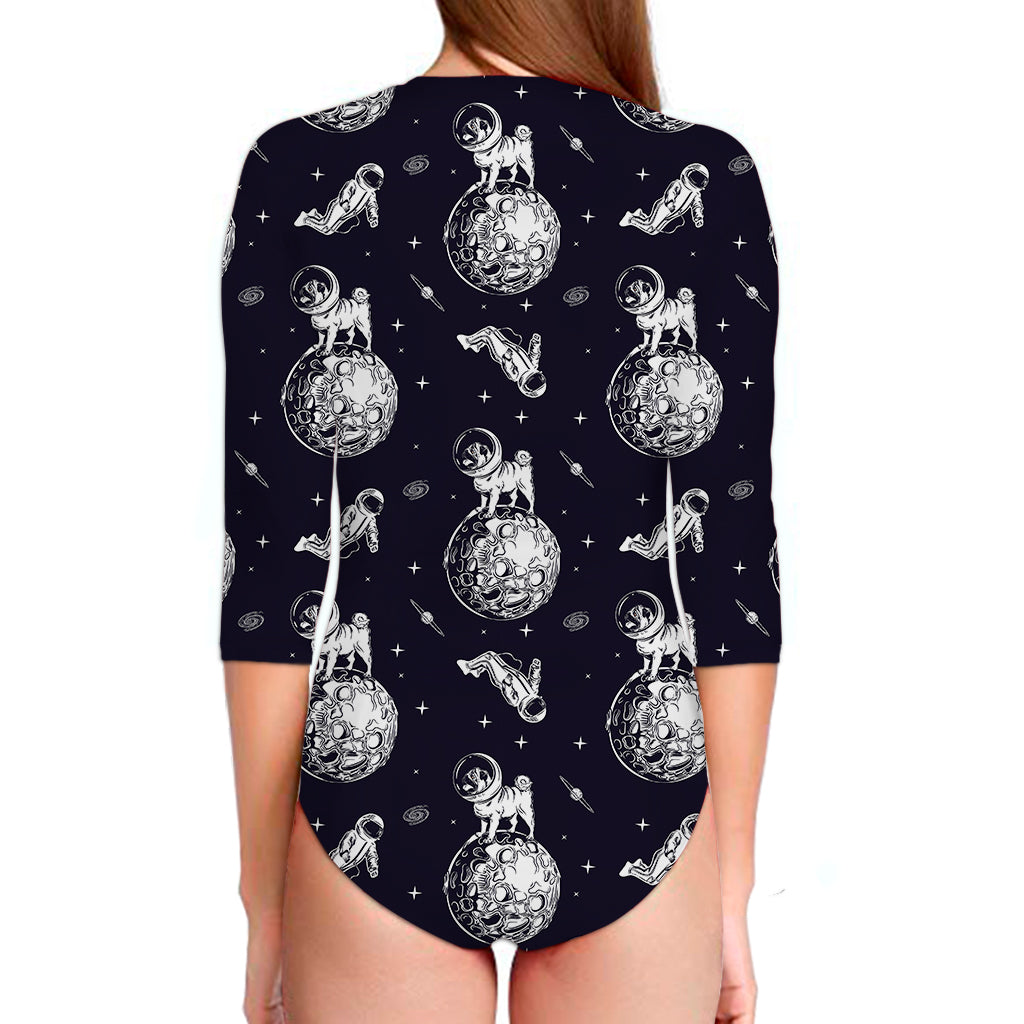 Astronaut Pug In Space Pattern Print Long Sleeve Swimsuit