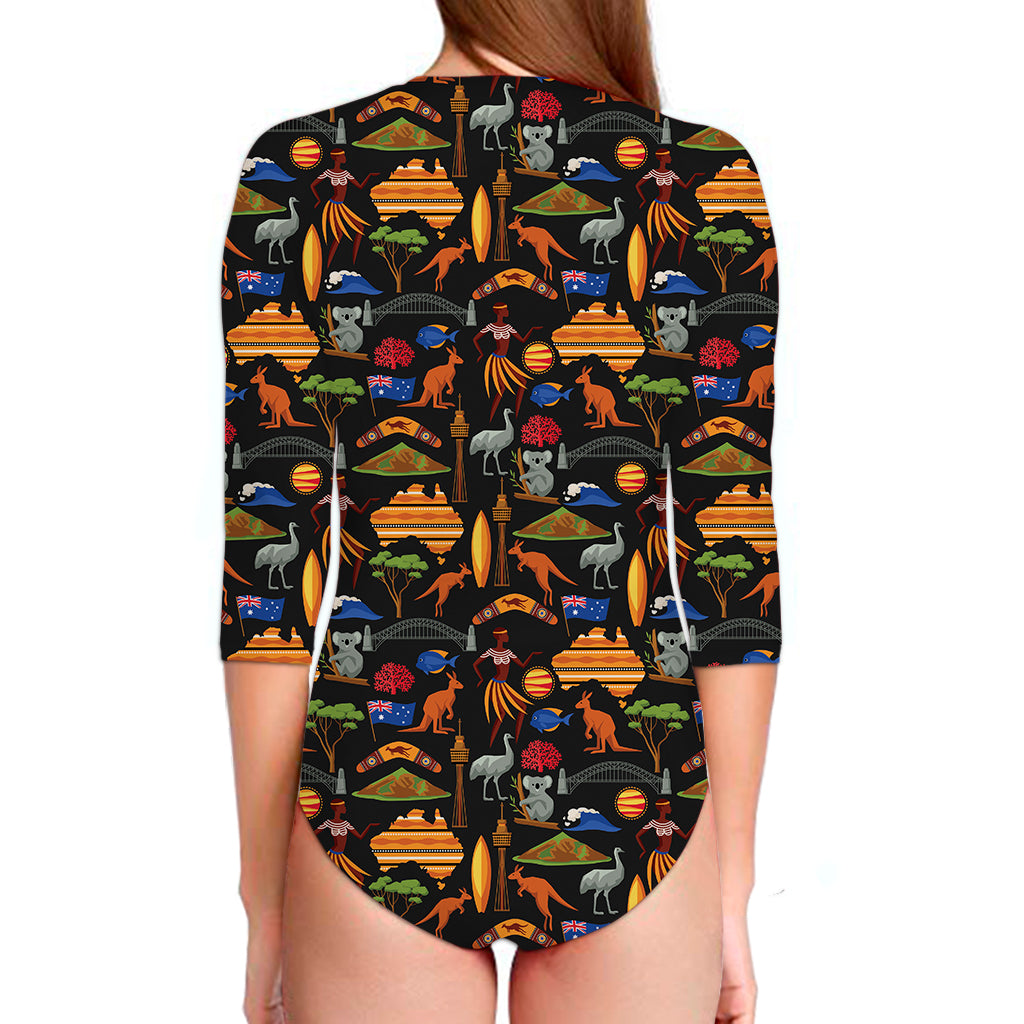 Australia Symbols Pattern Print Long Sleeve Swimsuit