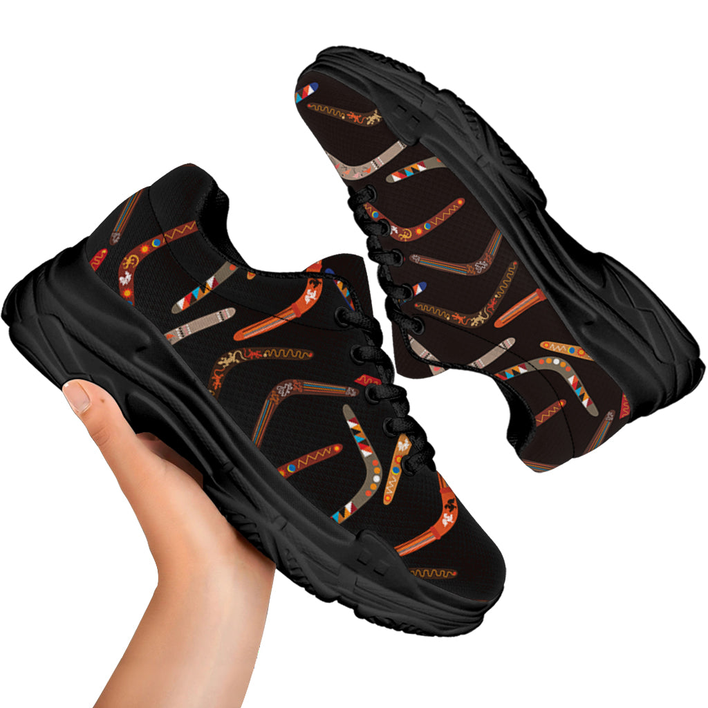 Australian Boomerang Pattern Print Black Chunky Shoes