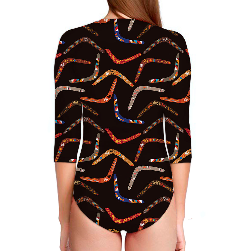 Australian Boomerang Pattern Print Long Sleeve Swimsuit