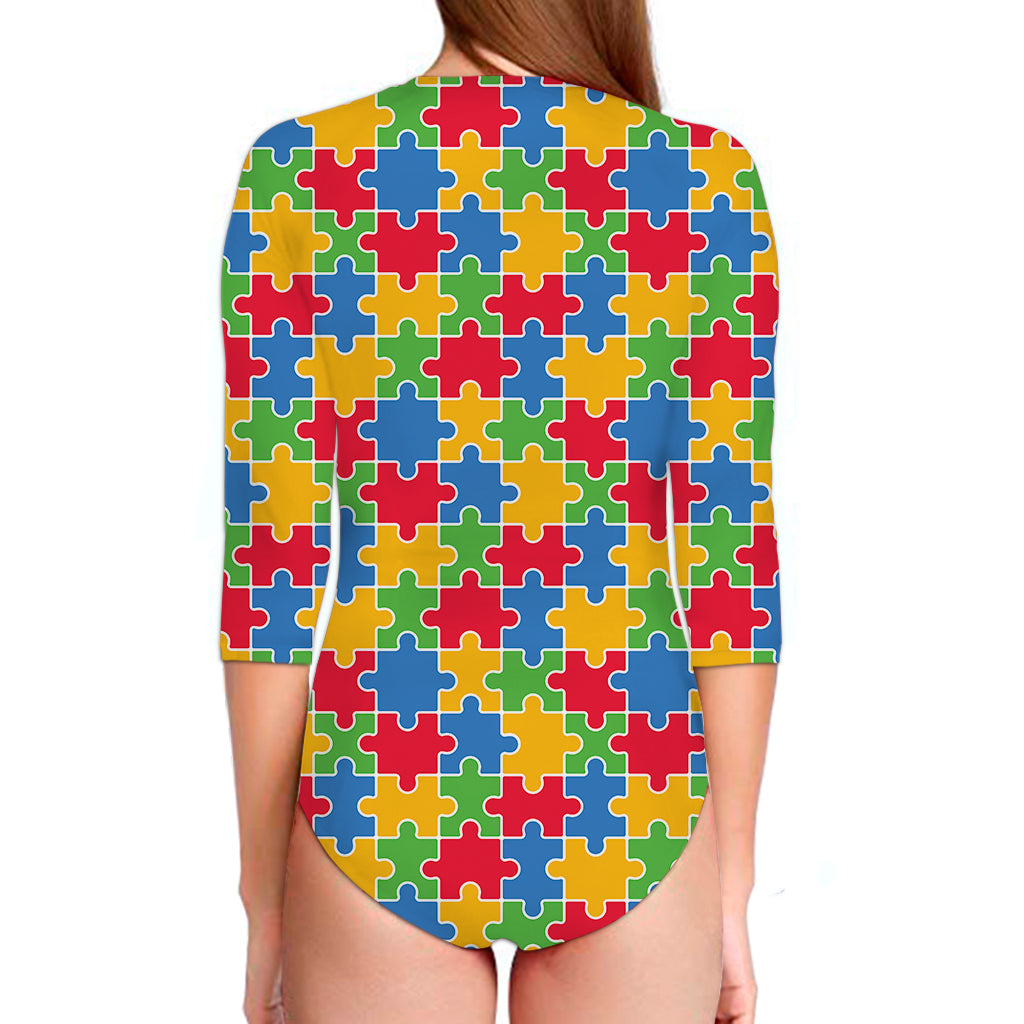 Autism Awareness Jigsaw Pattern Print Long Sleeve Swimsuit