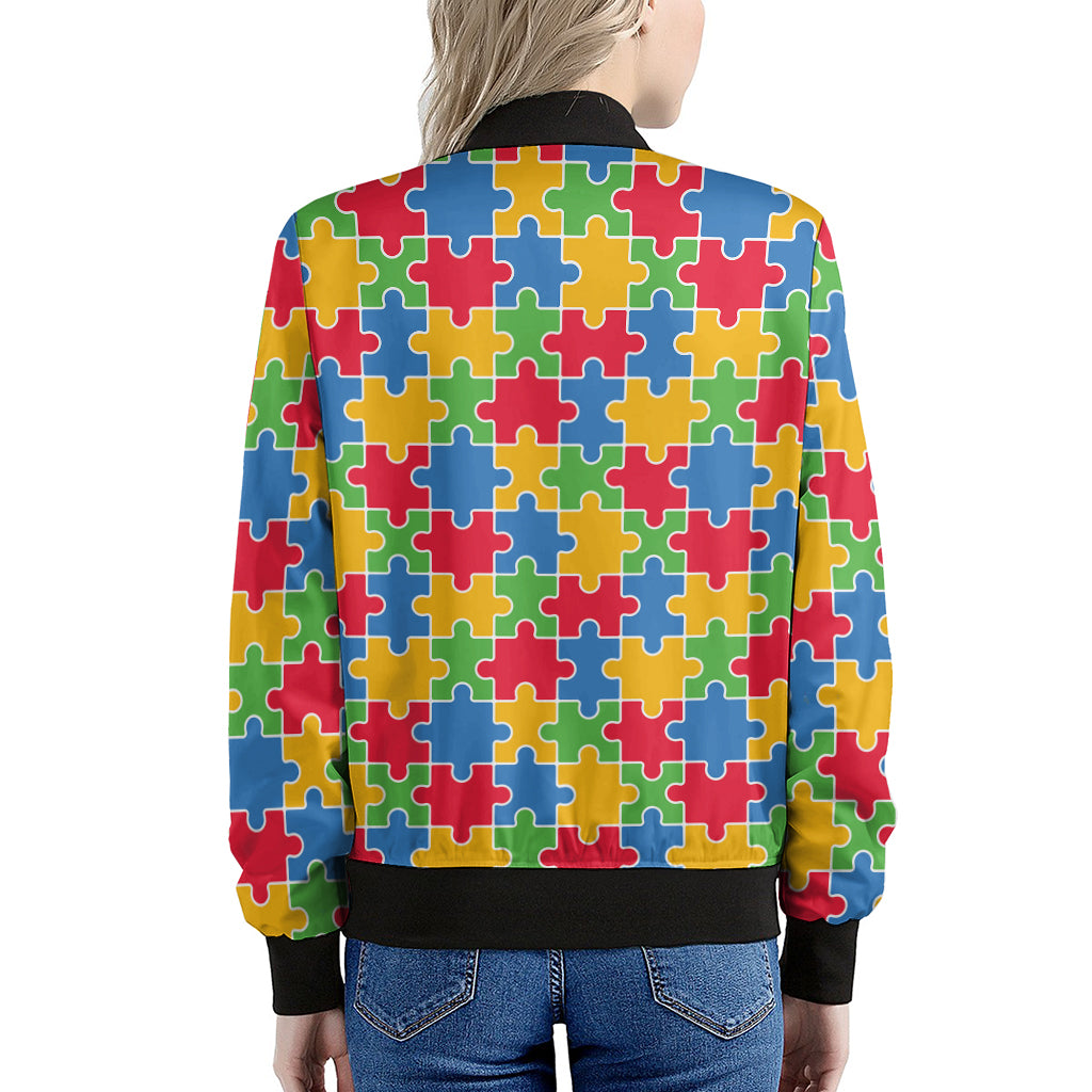 Autism Awareness Jigsaw Pattern Print Women's Bomber Jacket