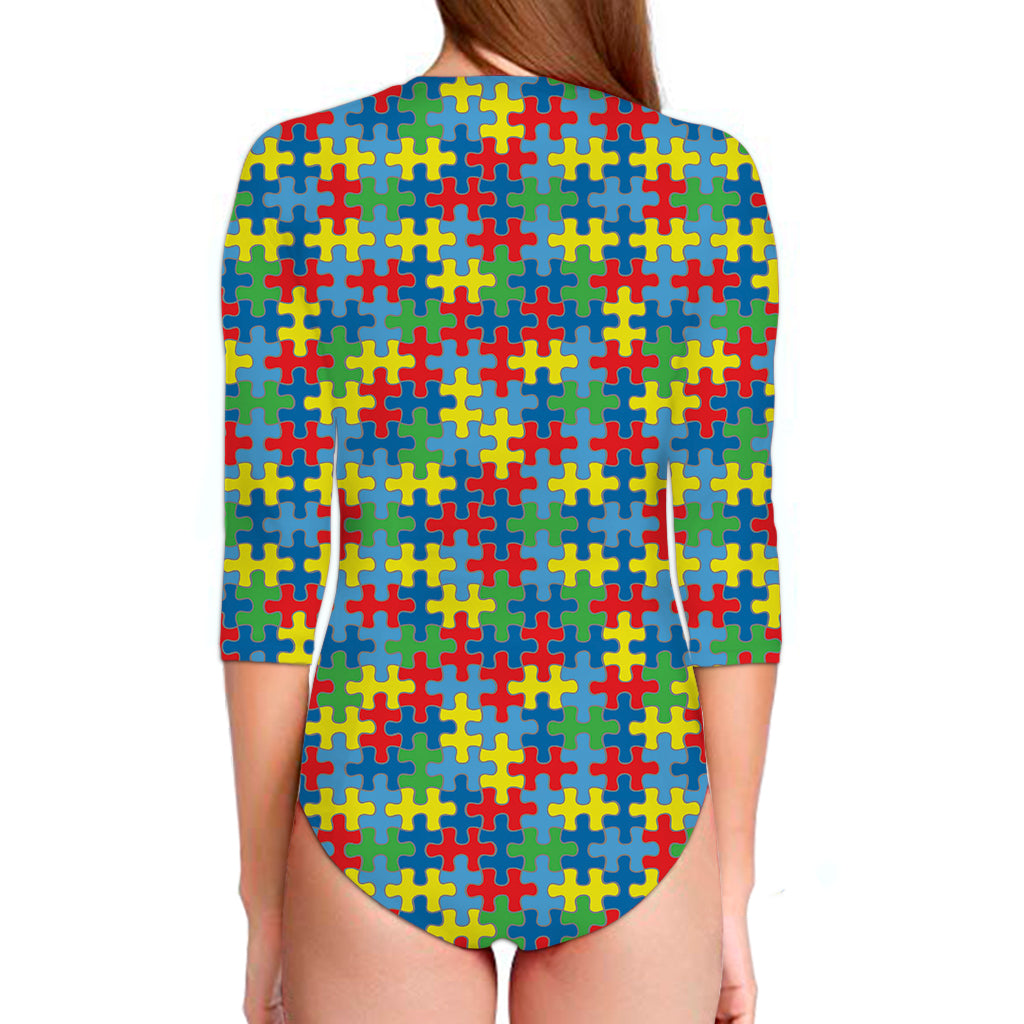 Autism Awareness Jigsaw Print Long Sleeve Swimsuit