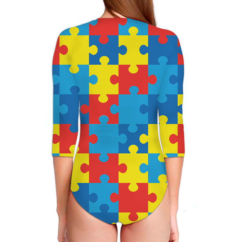 Autism Awareness Pattern Print Long Sleeve Swimsuit