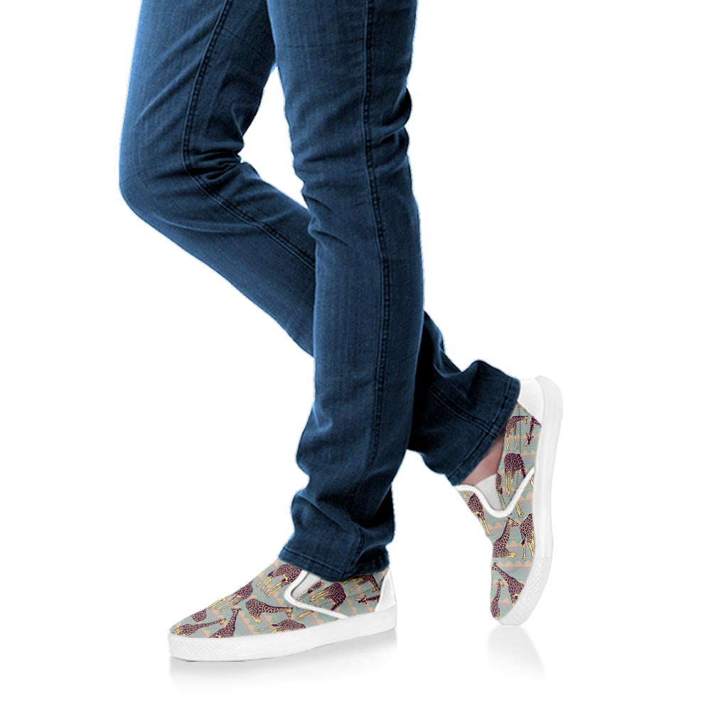 Aztec Giraffe Pattern Print White Slip On Sneakers