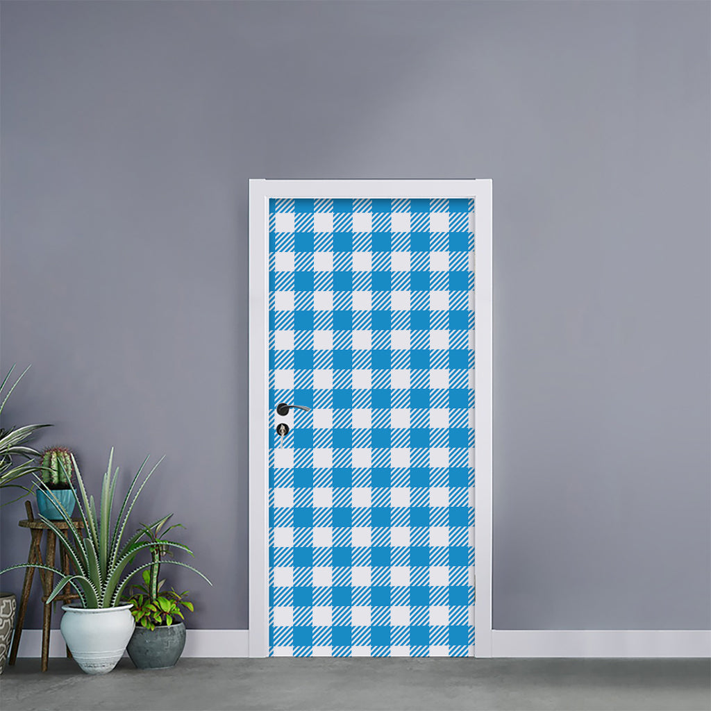Azure Blue And White Gingham Print Door Sticker