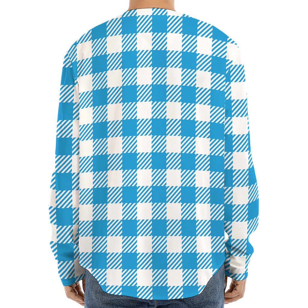 Azure Blue And White Gingham Print Long Sleeve Baseball Jersey