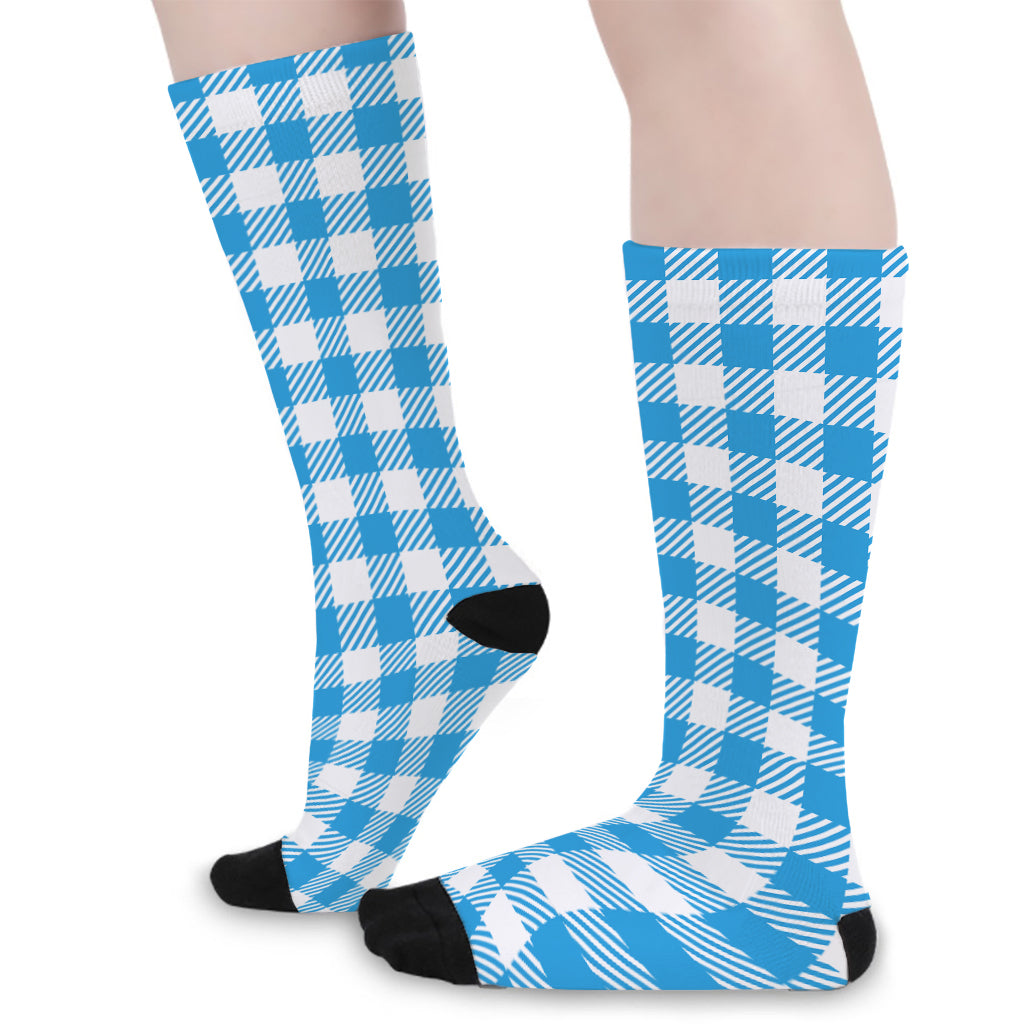 Azure Blue And White Gingham Print Long Socks