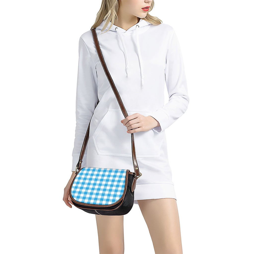 Azure Blue And White Gingham Print Saddle Bag