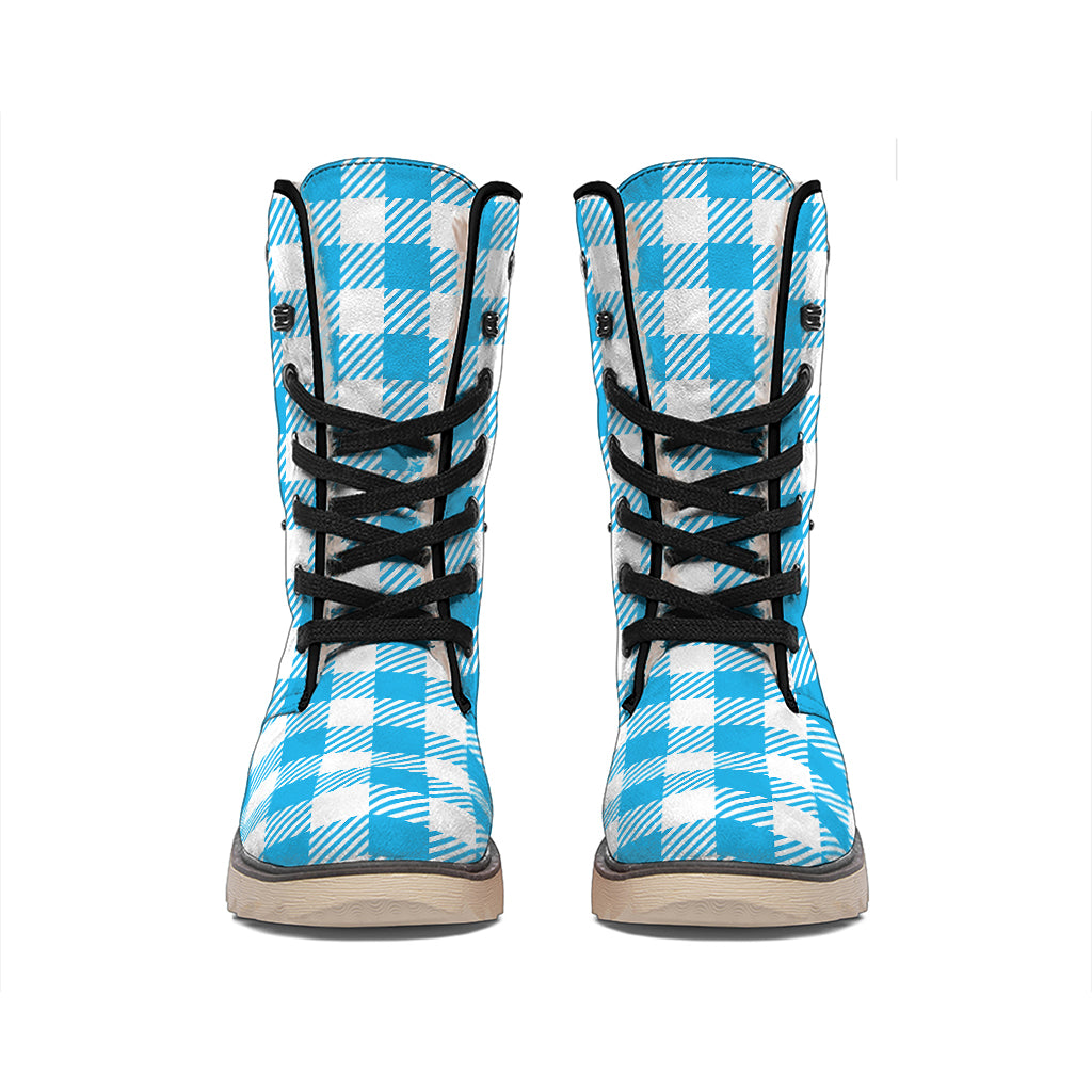 Azure Blue And White Gingham Print Winter Boots