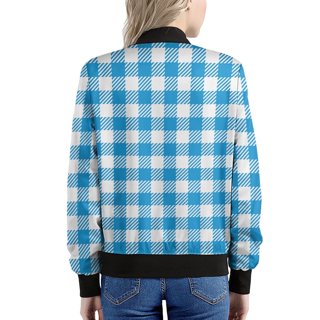 Azure Blue And White Gingham Print Women's Bomber Jacket