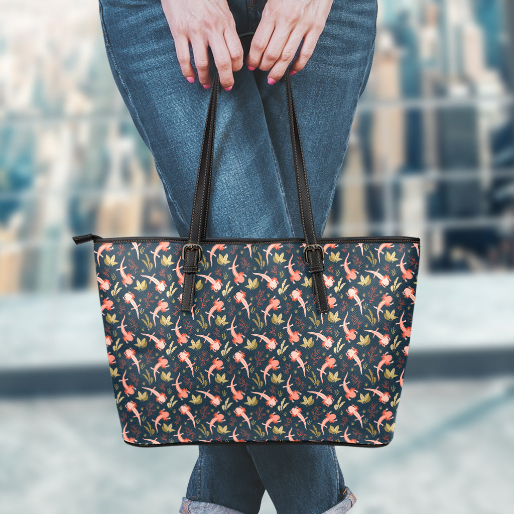 Baby Axolotl Pattern Print Leather Tote Bag