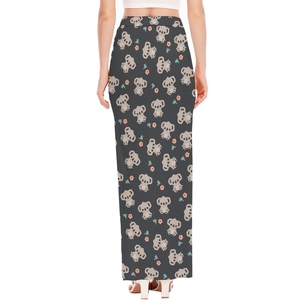 Baby Koala And Floral Pattern Print High Slit Maxi Skirt