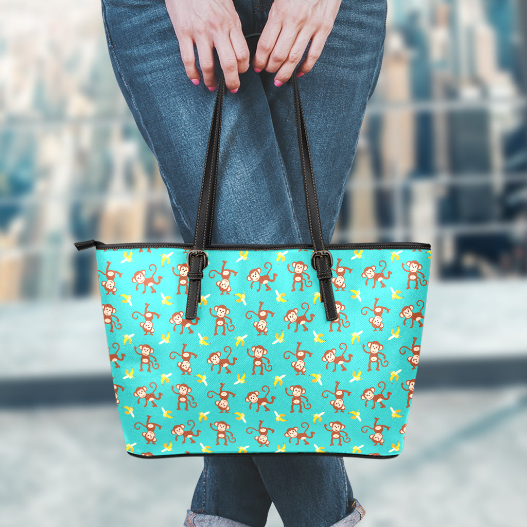 Banana And Monkey Pattern Print Leather Tote Bag