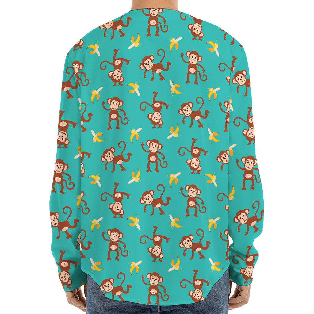 Banana And Monkey Pattern Print Long Sleeve Baseball Jersey