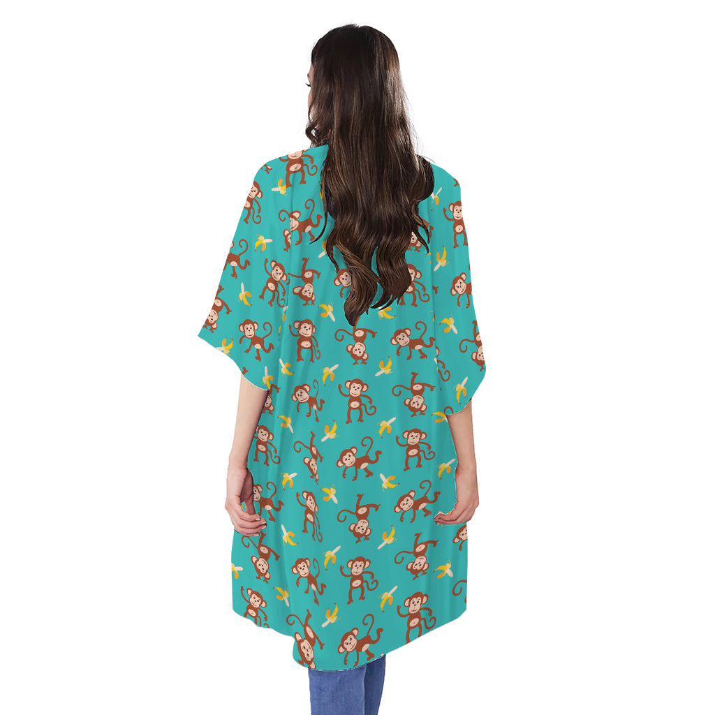 Banana And Monkey Pattern Print Open Front Beach Cover Up