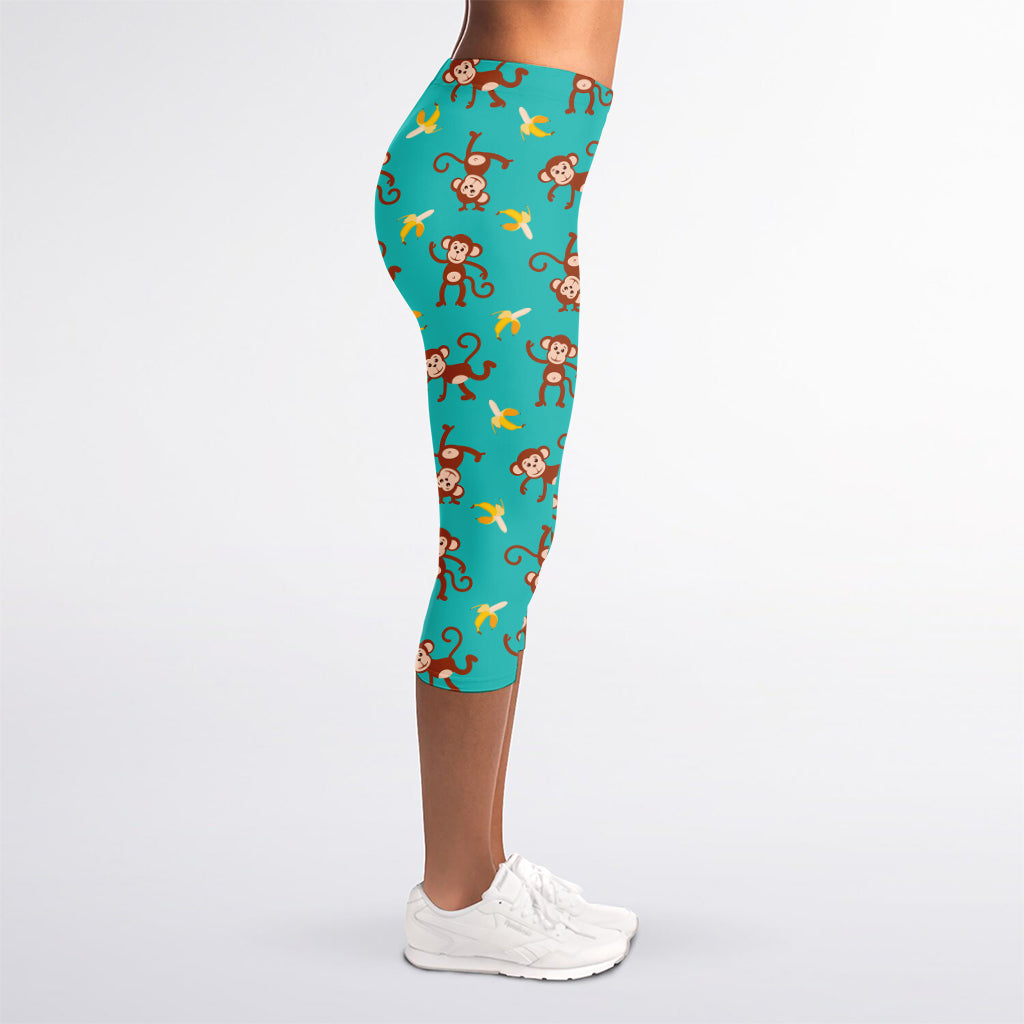Banana And Monkey Pattern Print Women's Capri Leggings