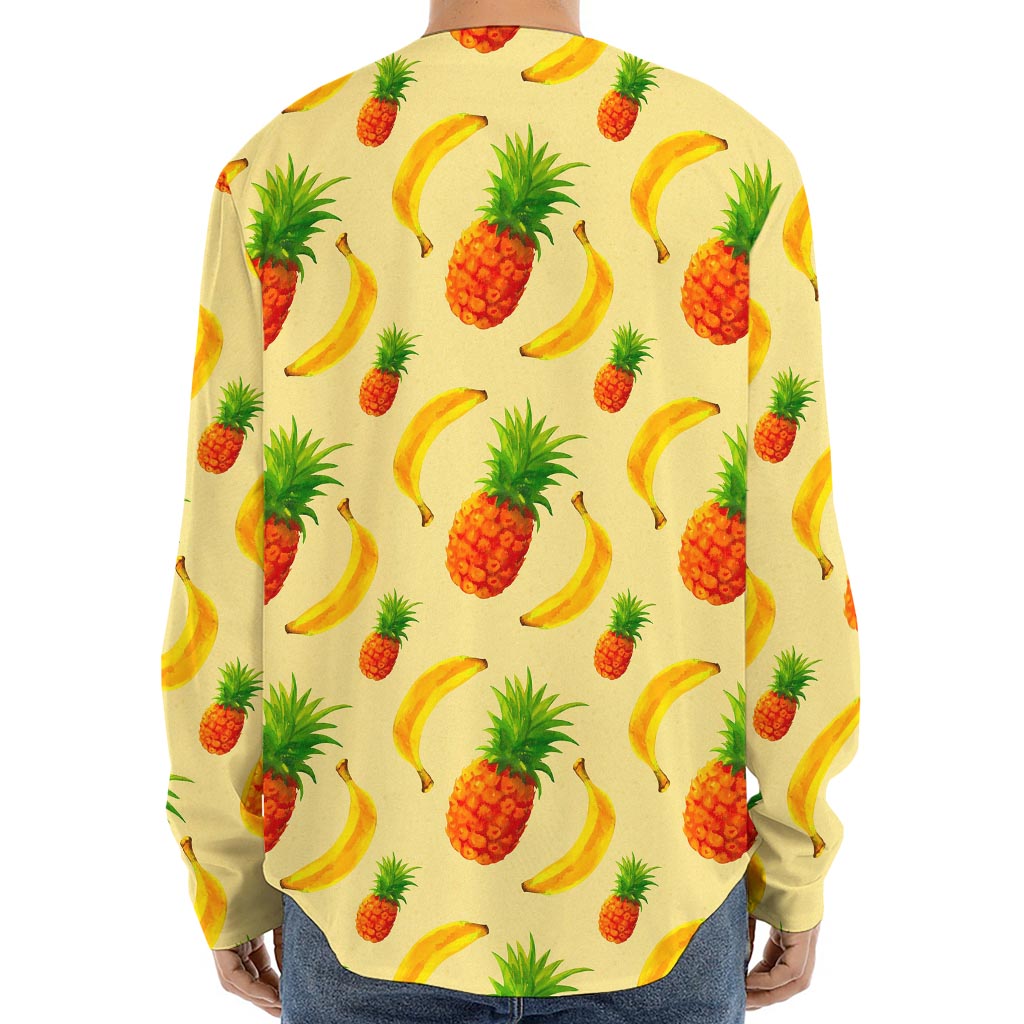 Banana Pineapple Pattern Print Long Sleeve Baseball Jersey