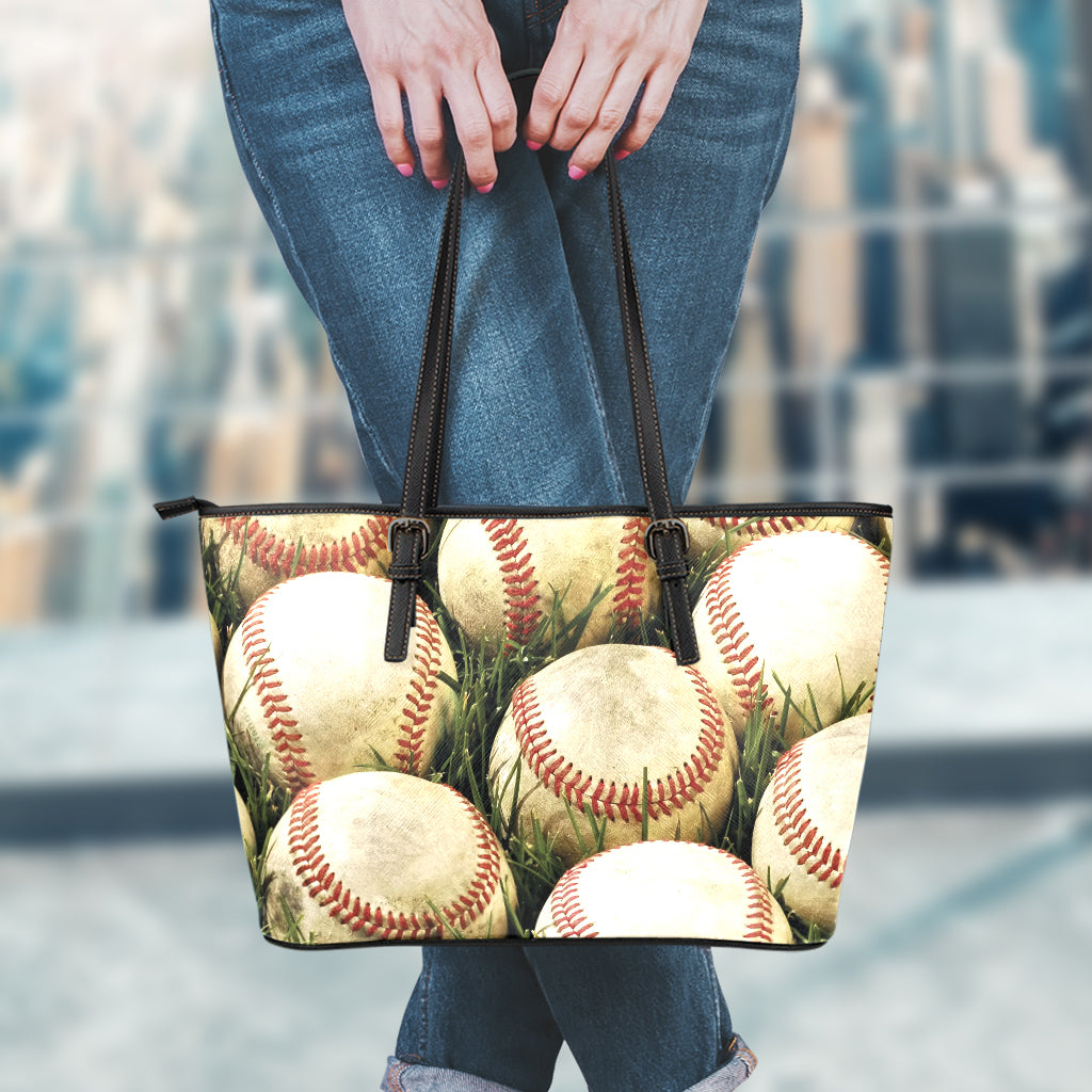 Baseballs On Field Print Leather Tote Bag