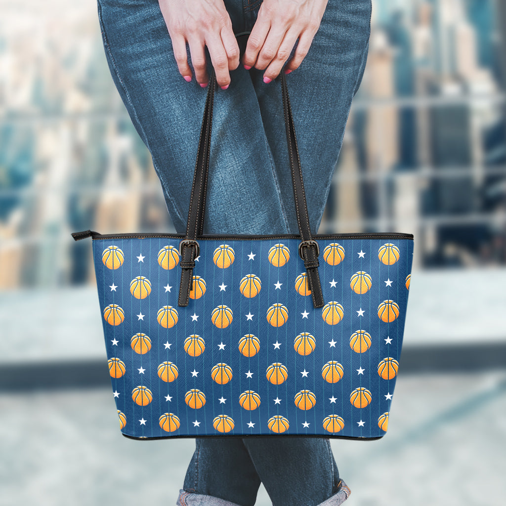 Basketball And Star Pattern Print Leather Tote Bag