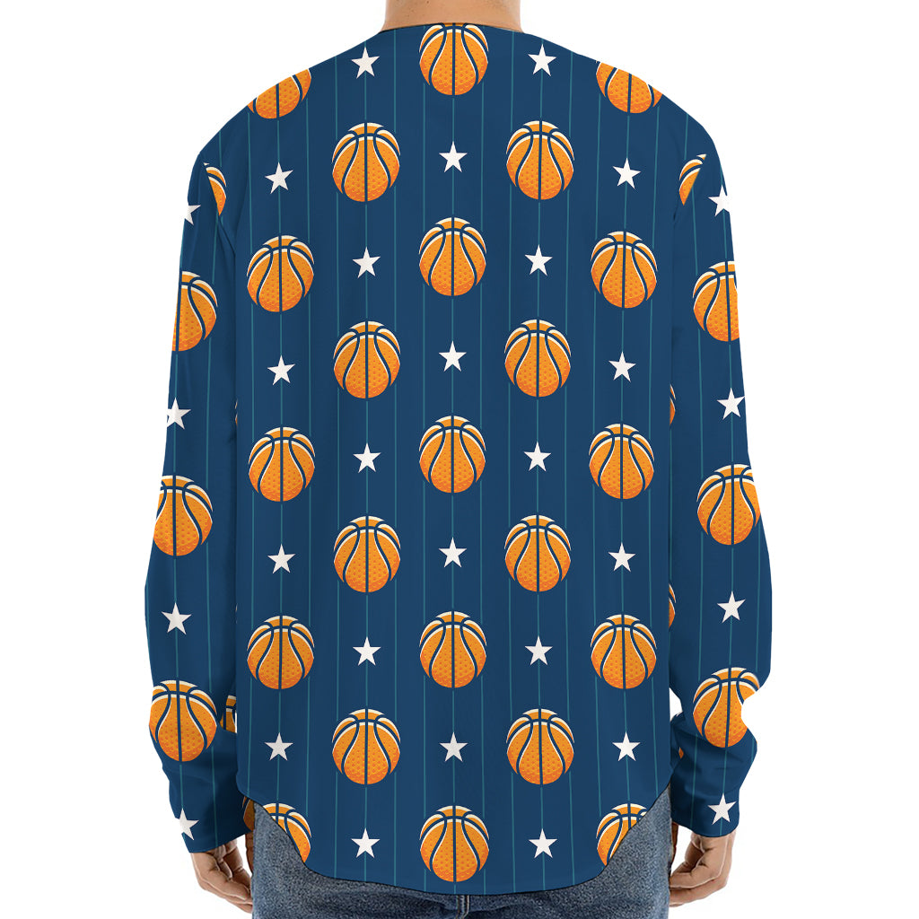 Basketball And Star Pattern Print Long Sleeve Baseball Jersey