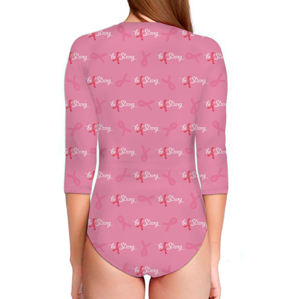 Be Strong Breast Cancer Pattern Print Long Sleeve Swimsuit