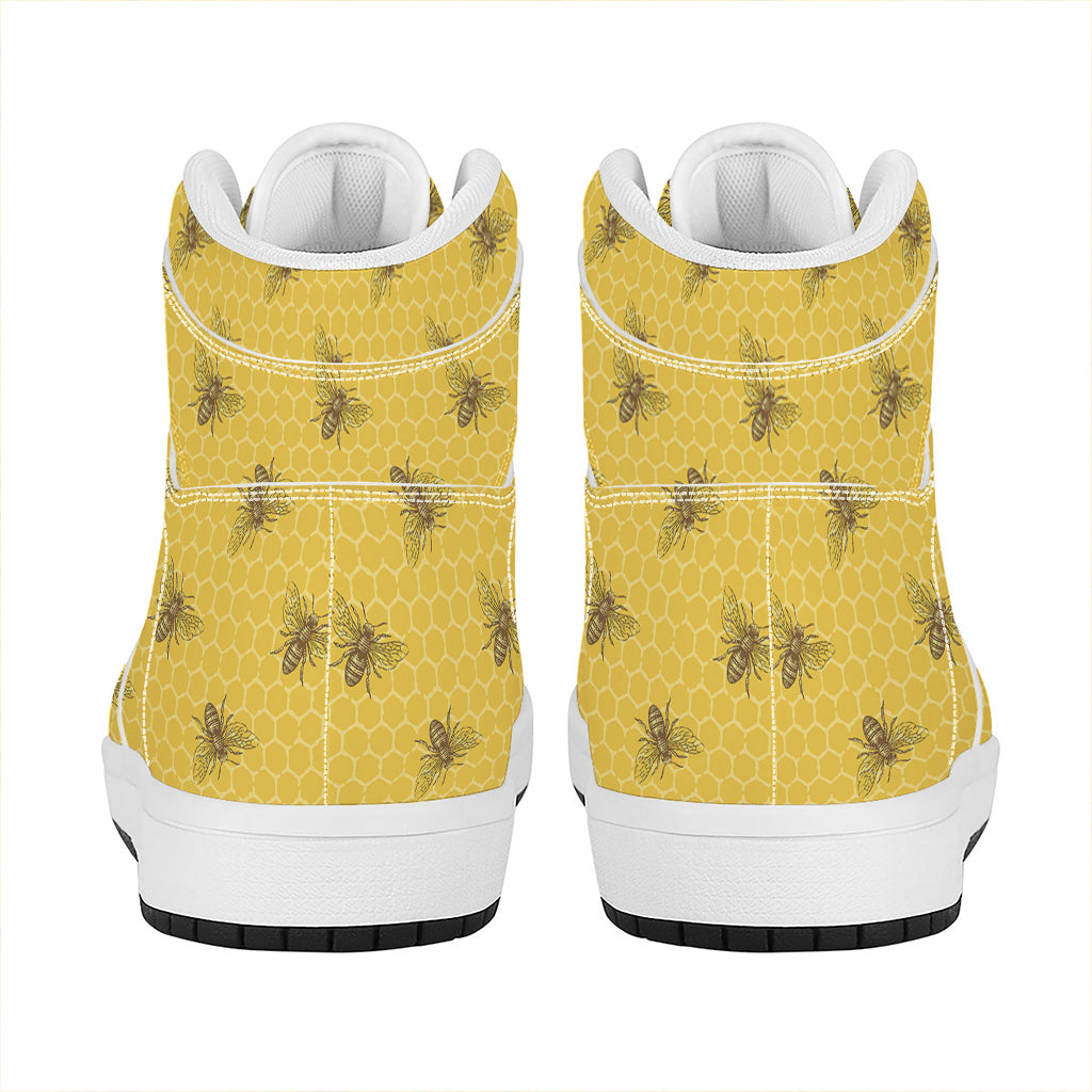 Bee Honeycomb Pattern Print High Top Leather Sneakers