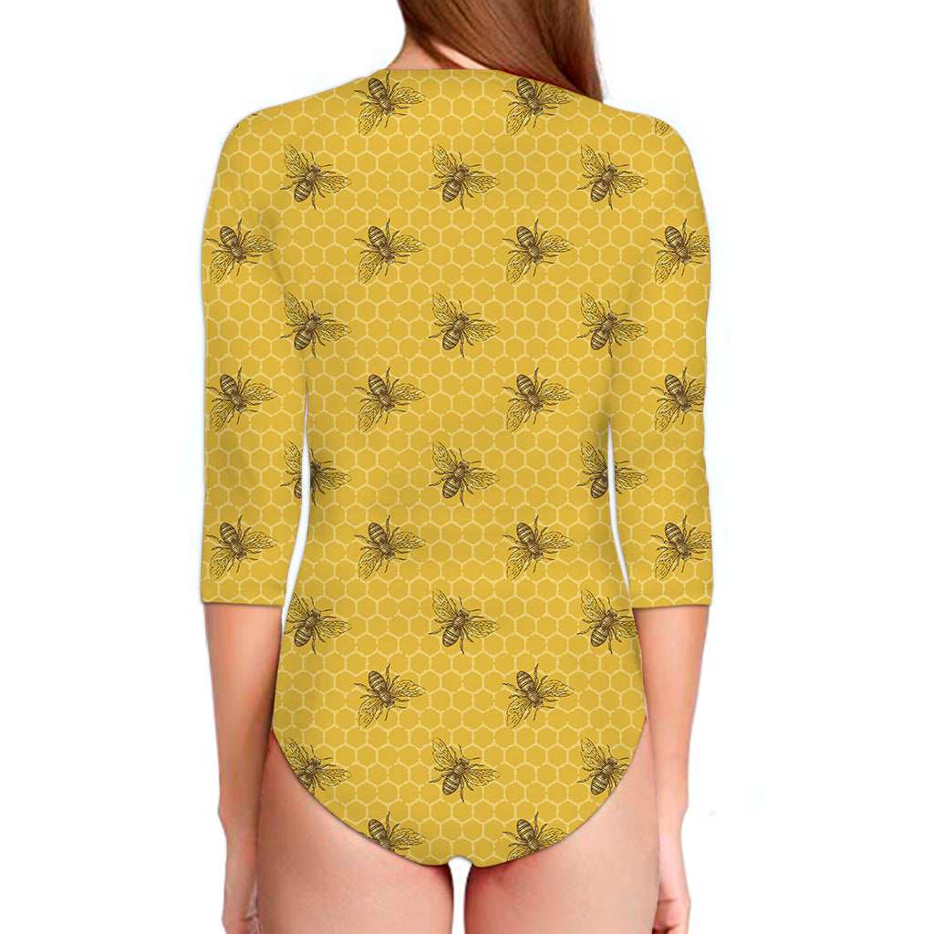 Bee Honeycomb Pattern Print Long Sleeve Swimsuit