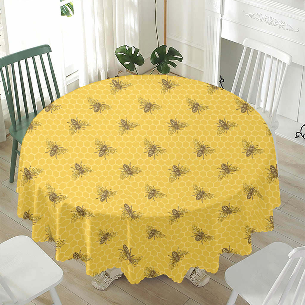 Bee Honeycomb Pattern Print Waterproof Round Tablecloth