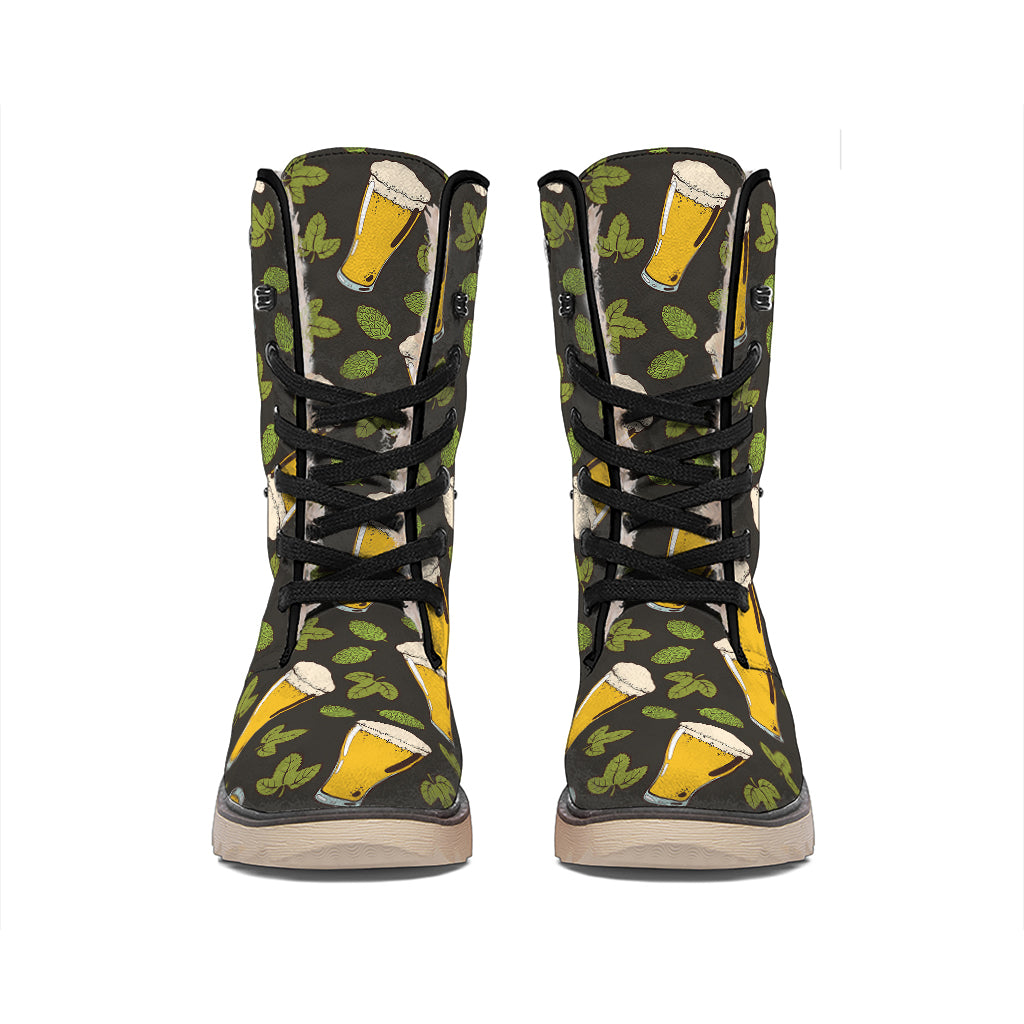Beer Hop Cone And Leaf Pattern Print Winter Boots