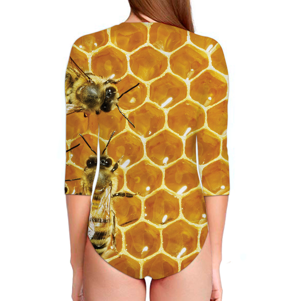 Bees And Honeycomb Print Long Sleeve Swimsuit