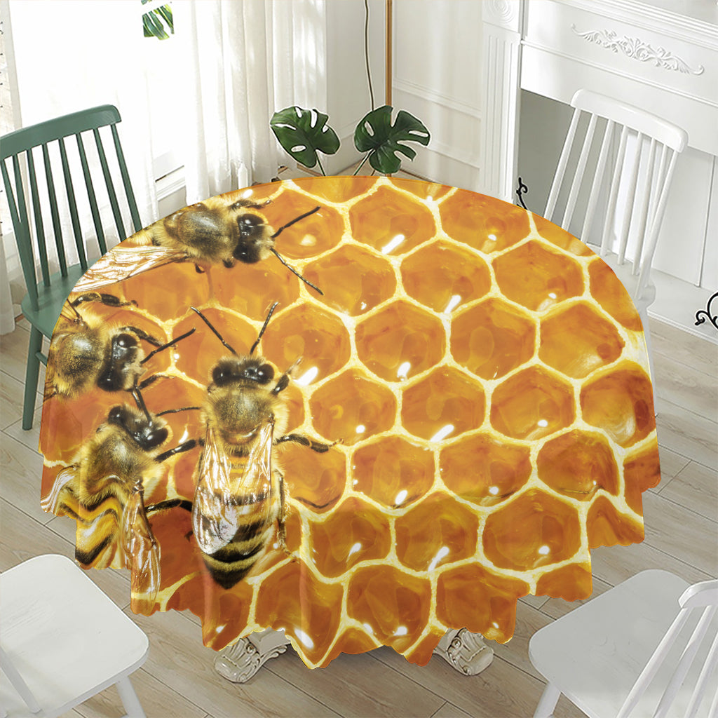 Bees And Honeycomb Print Waterproof Round Tablecloth