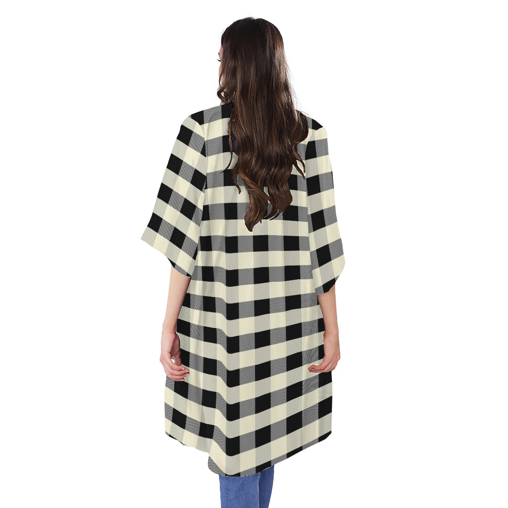 Beige And Black Buffalo Check Print Open Front Beach Cover Up