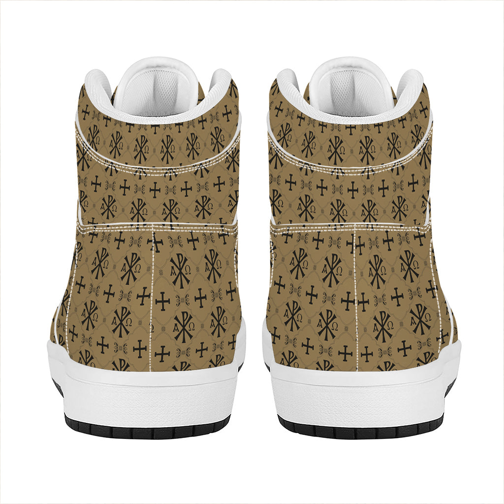 Beige And Black Orthodox Pattern Print High Top Leather Sneakers