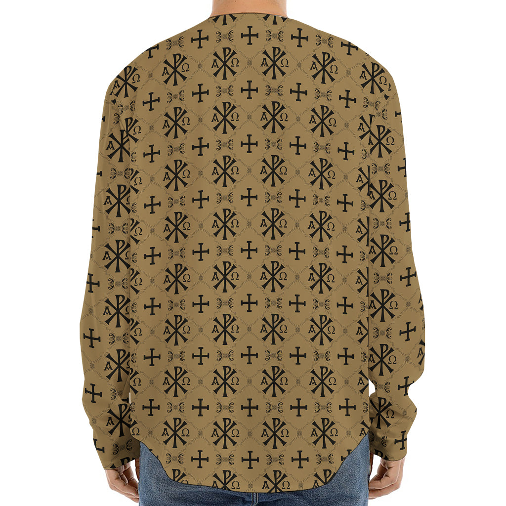Beige And Black Orthodox Pattern Print Long Sleeve Baseball Jersey
