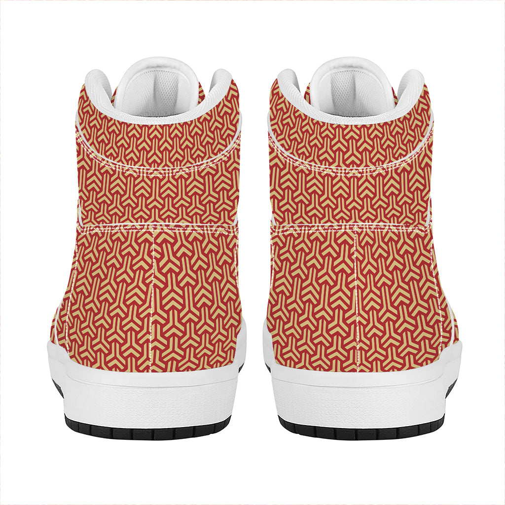 Beige And Red Japanese Pattern Print High Top Leather Sneakers