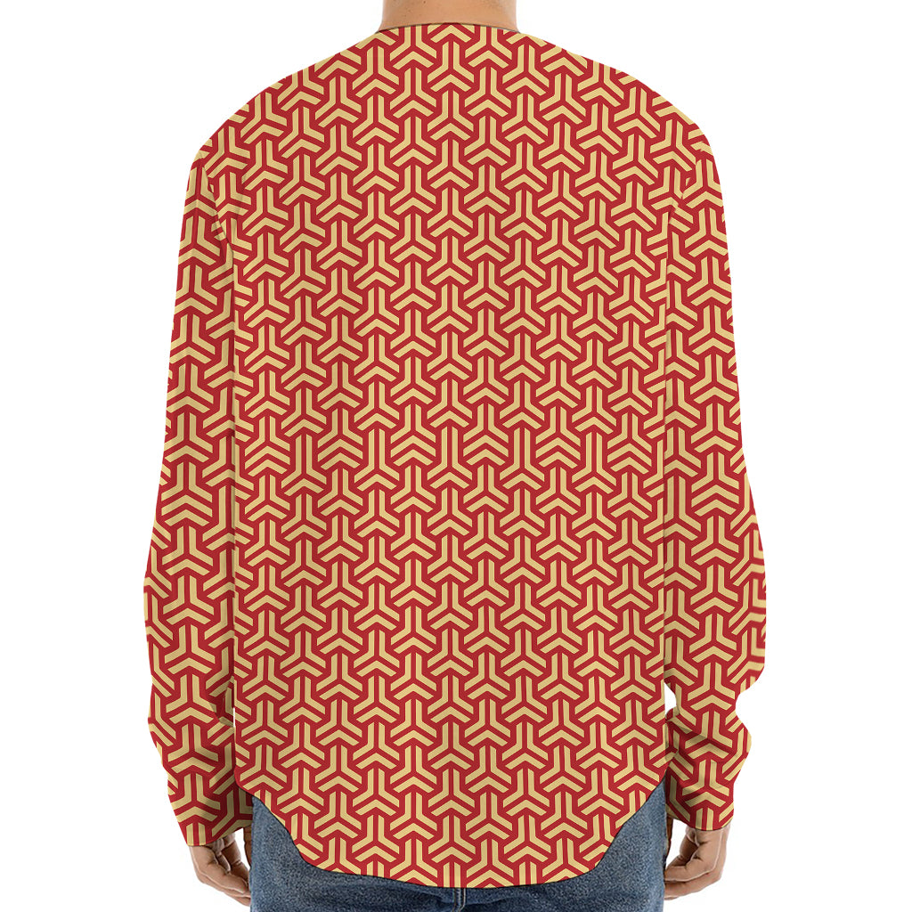 Beige And Red Japanese Pattern Print Long Sleeve Baseball Jersey
